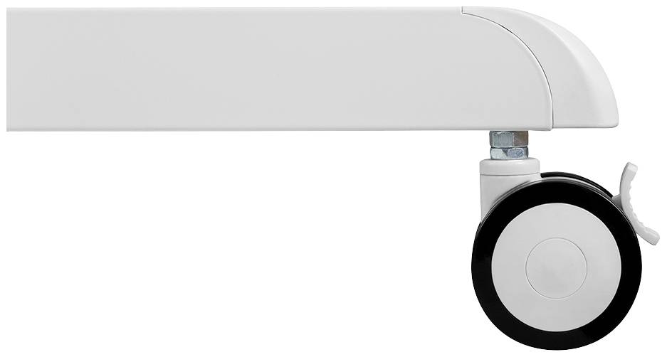 Nahaufnahme eines weißen Möbelrads mit schwarzem Rand, befestigt an einem Bein. Geeignet für Möbel mit Rollfunktion.