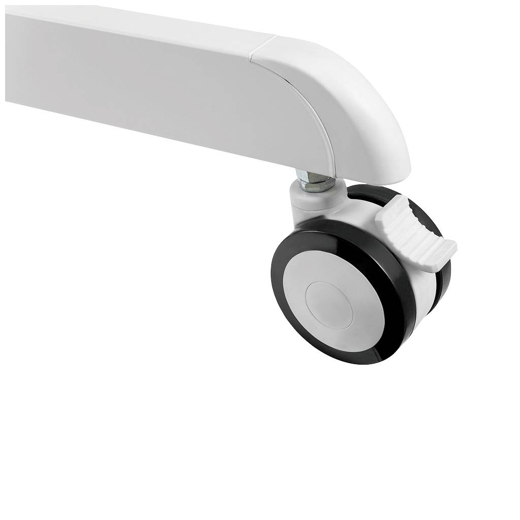 Nahaufnahme eines grauen Kunststoff-Stuhlbeins mit einer schwarzen und weißen Rolle am Ende. Die Rolle hat ein gezahntes Kantenmuster.