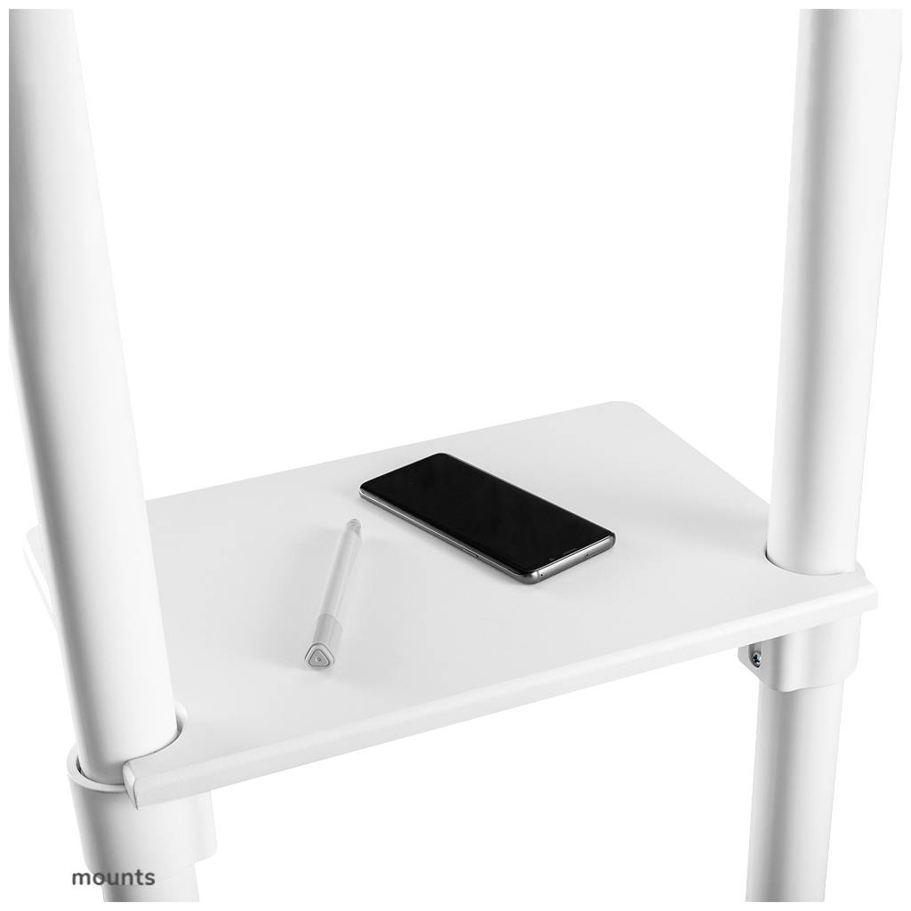 Ein weißes Regalbrett mit einem schwarzen Smartphone und einem weißen Stift darauf. Vier weiße Stangen halten das Regal.