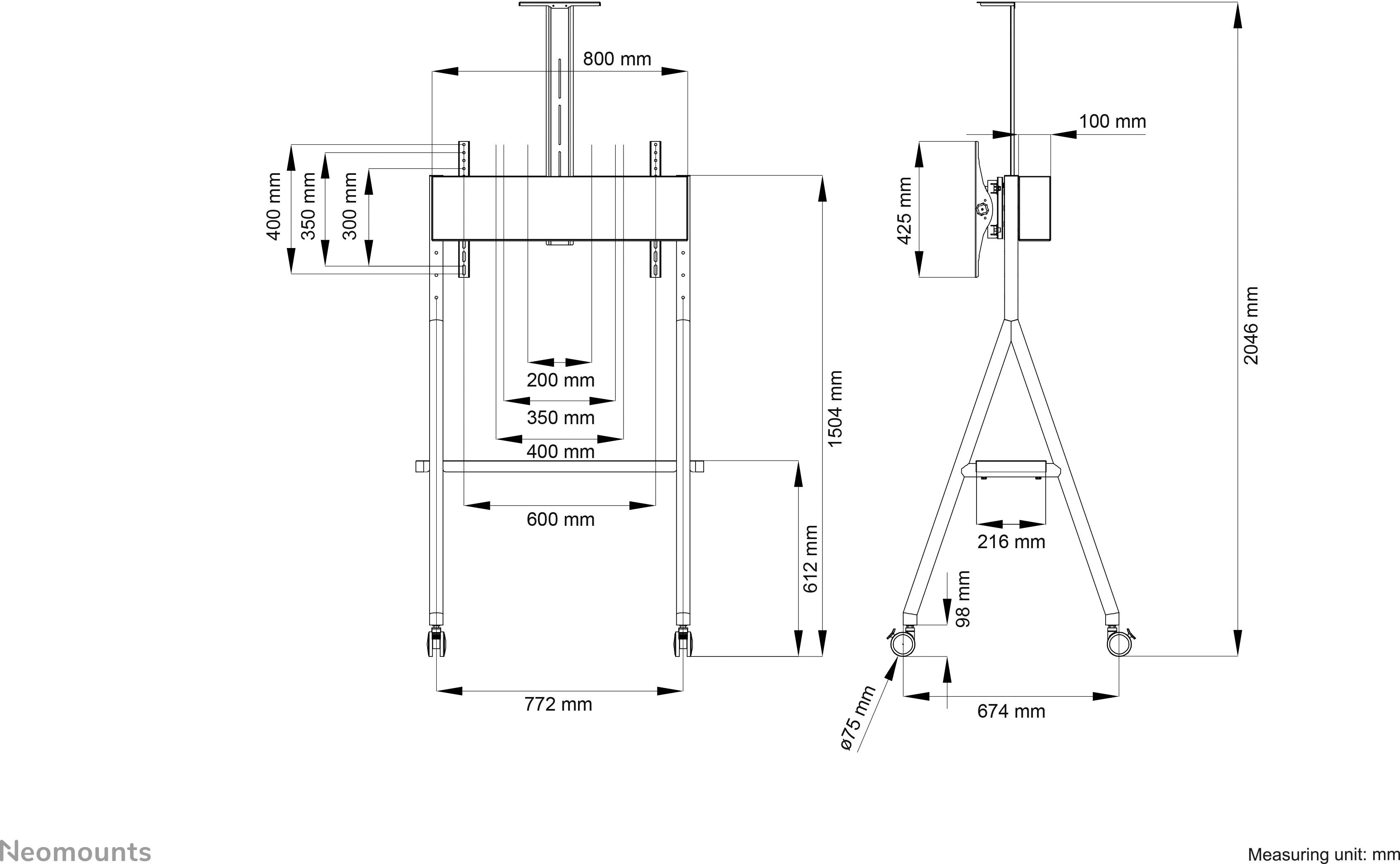 Neomounts NS-M1500WHITE TV-Rollwagen 81,3 cm (32") - 165,1 cm (65") Neigbar, Bodenständer