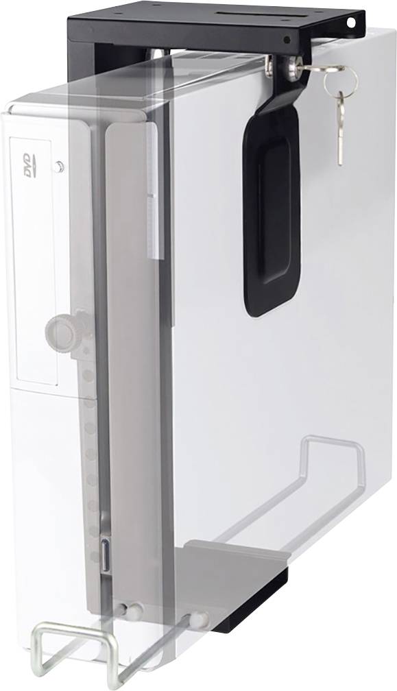 Ein transparentes Sicherheitsschloss schützt einen DVD-Player vor Diebstahl. Ein Schlüssel steckt im Schloss.