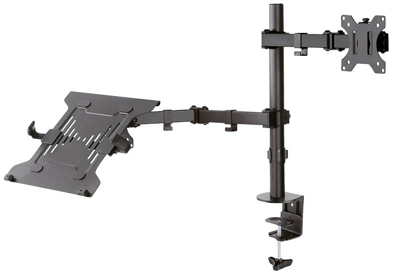 Monitor- und Laptophalterung zur Tischmontage, einstellbar mit schwenkbaren Armen. Geeignet für flexible Arbeitsplatzanpassung.