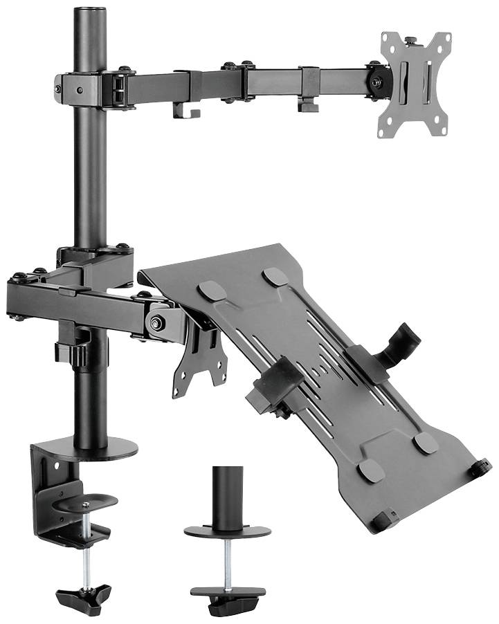 Monitor- und Laptop-Halterung aus Metall mit verstellbarem Arm und zwei Klemmen zur Befestigung an einem Schreibtisch.