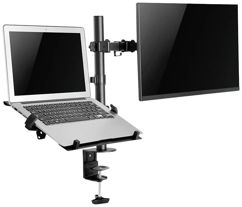 Laptop- und Monitorhalterung zur Tischmontage. Laptop auf einer Ablage, daneben ein verstellbarer Monitorarm. Ideal für ergonomisches Arbeiten.