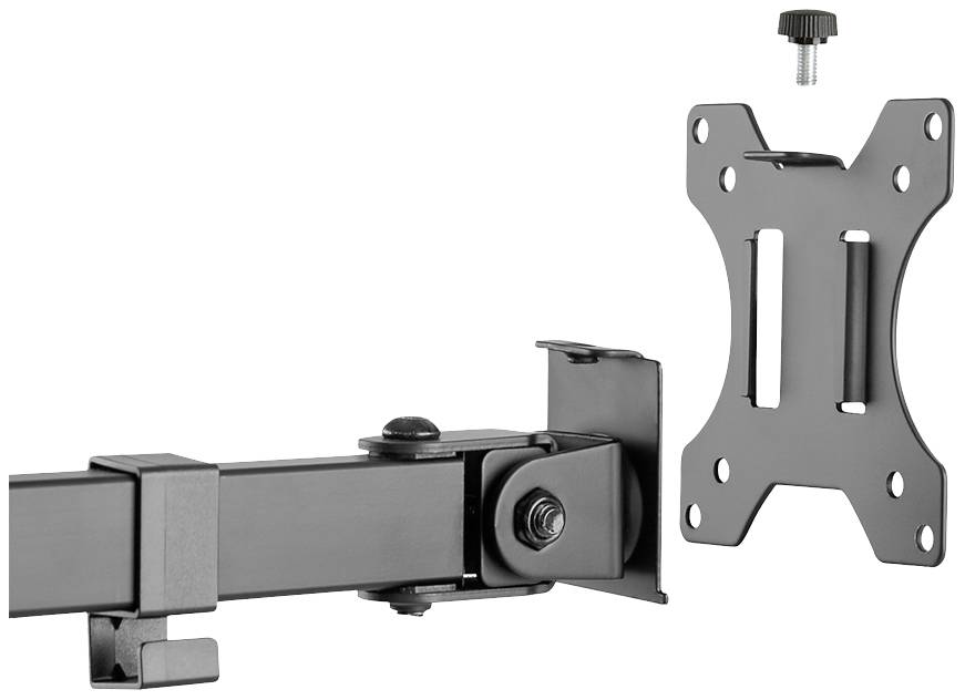 Ein schwarzer TV-Wandhalter mit beweglichem Arm, Schraubverbindung und VESA-Platte zum Befestigen eines Bildschirms an der Wand.