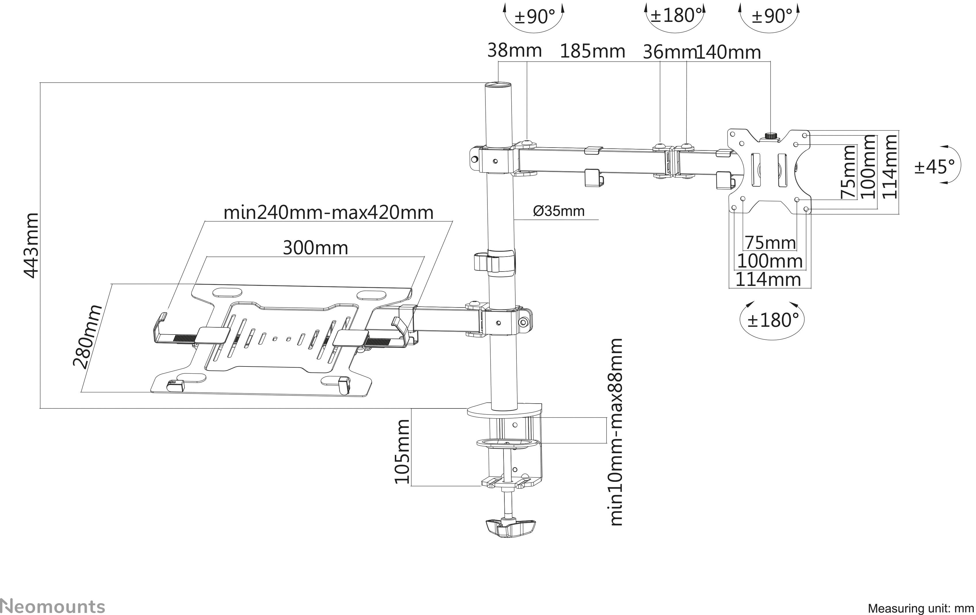 'Neomounts' Schaubild eines verstellbaren Monitorarms mit Maßen und Rotationswinkeln, zeigt Halterungsoptionen für Monitore und Laptops.