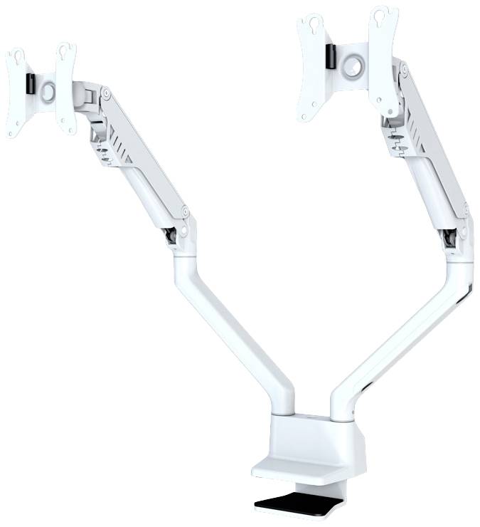 Ein ergonomischer, weißer Dual-Monitor-Arm mit verstellbaren Gelenken zur flexiblen Positionierung von zwei Monitoren auf einem Schreibtisch.