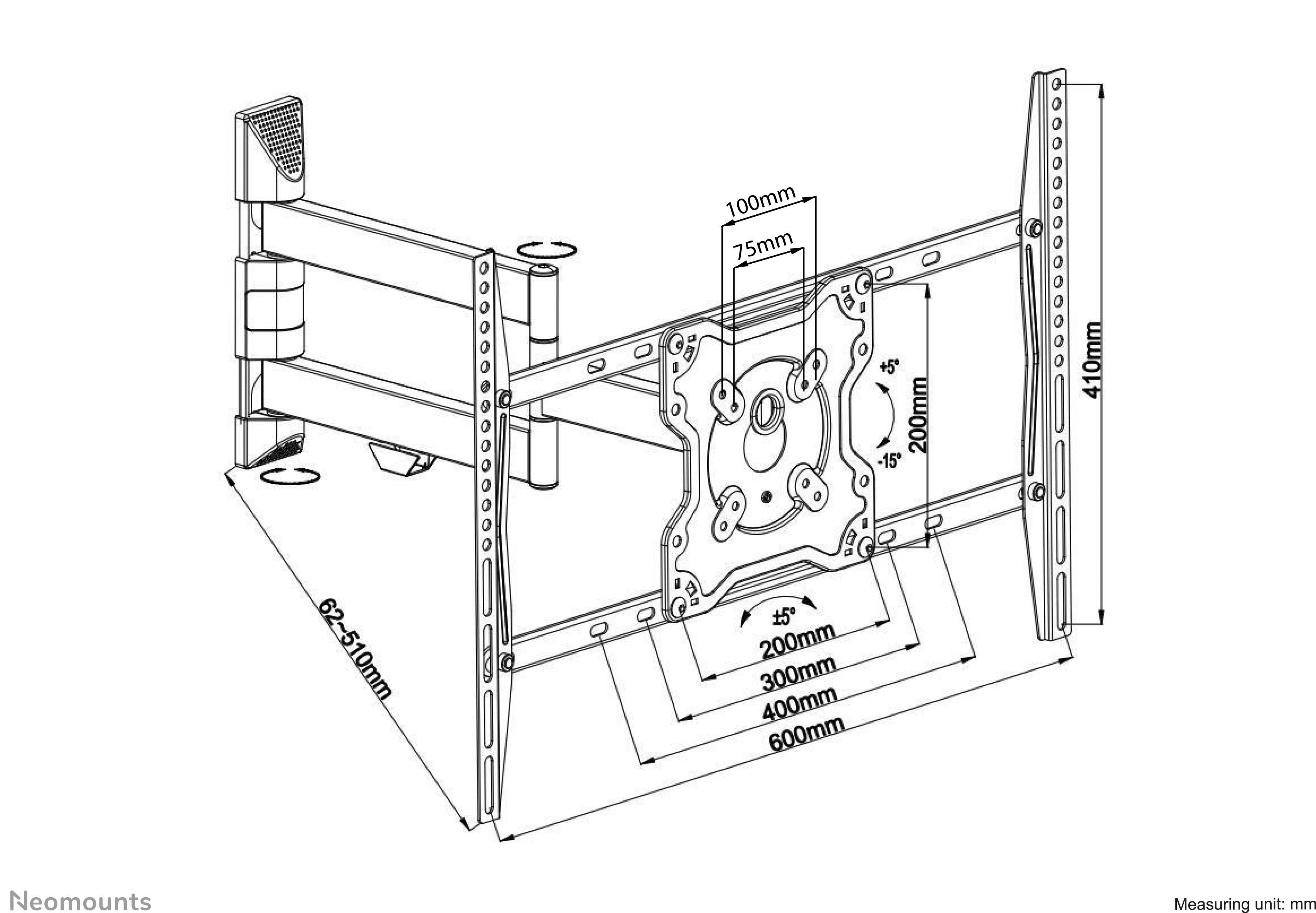 Neomounts FPMA-W460BLACK TV-Wandhalterung Variabler Wandabstand 106,7 cm (42") - 177,8 cm (70") Schwenkbar, Neigbar, Rotierbar