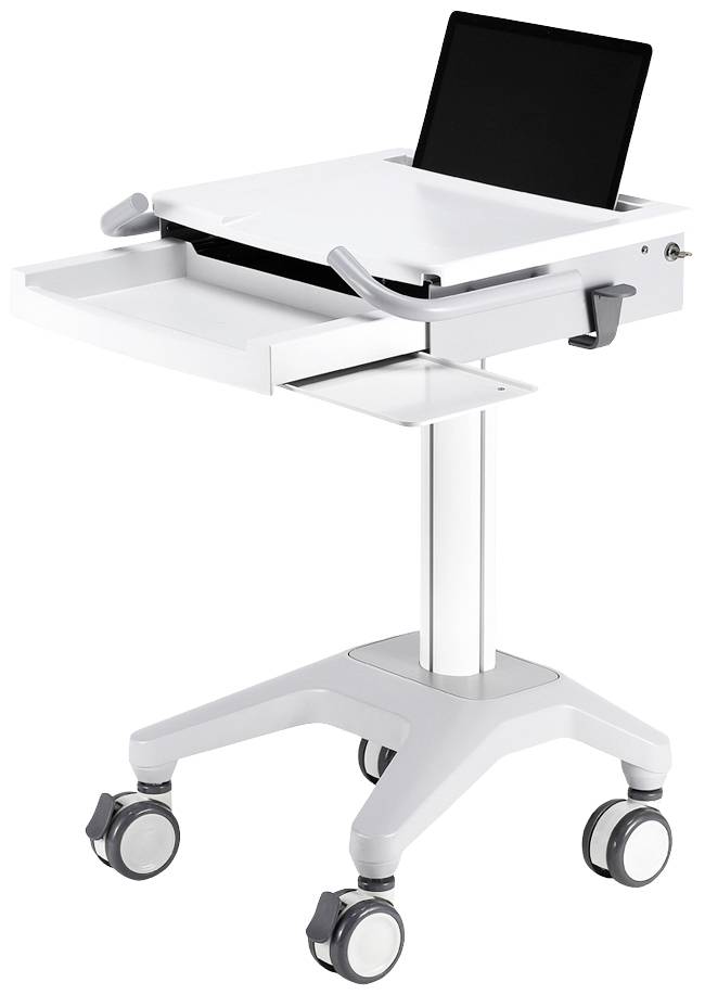 Tragbarer Computerwagen mit ausziehbarem Fach, geeignet für mobile Arbeitsstationen. Enthält Laptop-Ablage und Rollen für einfache Bewegung.