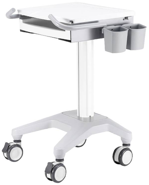 Ein mobiler, höhenverstellbarer Arbeitswagen mit vier Rollen, einer Schublade und zwei herausnehmbaren Behältern an der Seite.