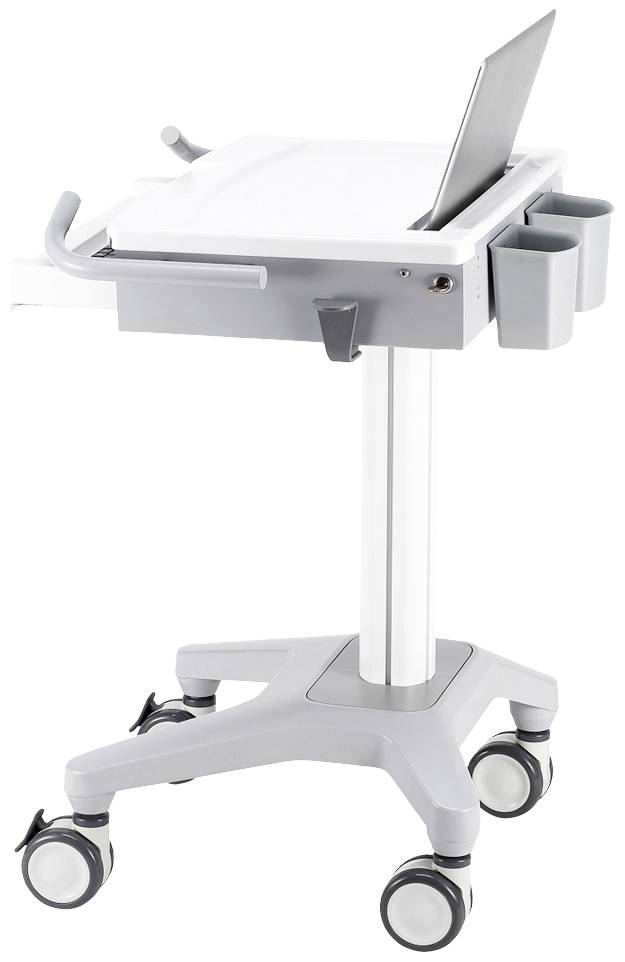 Weißer medizinischer Wagen auf Rollen mit Laptop und zwei grauen Becherhaltern, verwendet für mobile Dokumentation in Krankenhäusern.