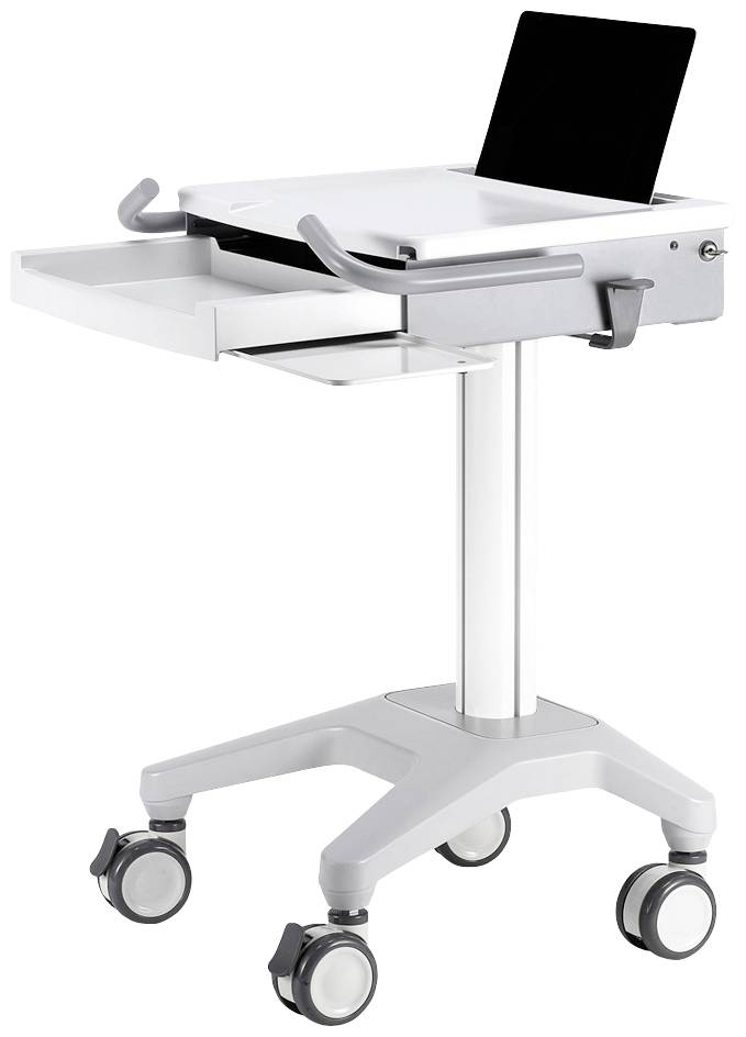 Ein mobiler Computerwagen mit Tablet, Schublade und vier Rollen. Der Wagen hat einen weißen Korpus und bietet eine Arbeitsfläche.