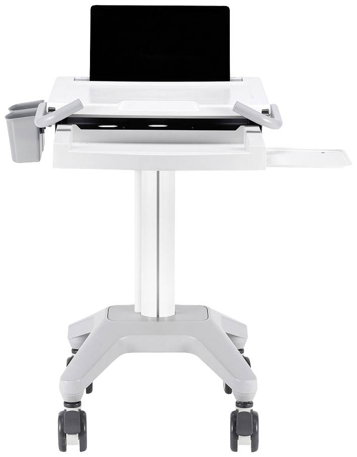 Ein beweglicher Computertisch mit Laptop, ausziehbarem Fach und Zubehörhalter, auf Rollen, für flexiblen Einsatz im Büro.