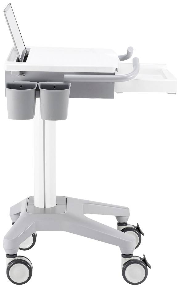Medizinischer Trolley mit mehreren Ablageflächen und Rollen, geeignet zum Transport von medizinischen Geräten und Zubehör.