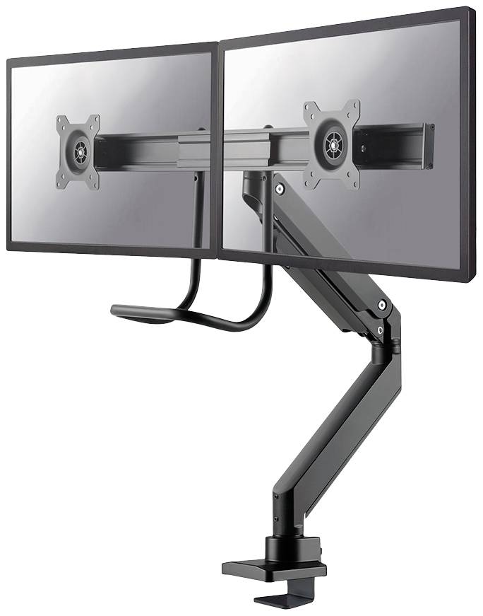 Ein doppelter Monitorhalterarm aus Metall, montiert an einer Tischkante, hält zwei Bildschirme nebeneinander auf Augenhöhe.