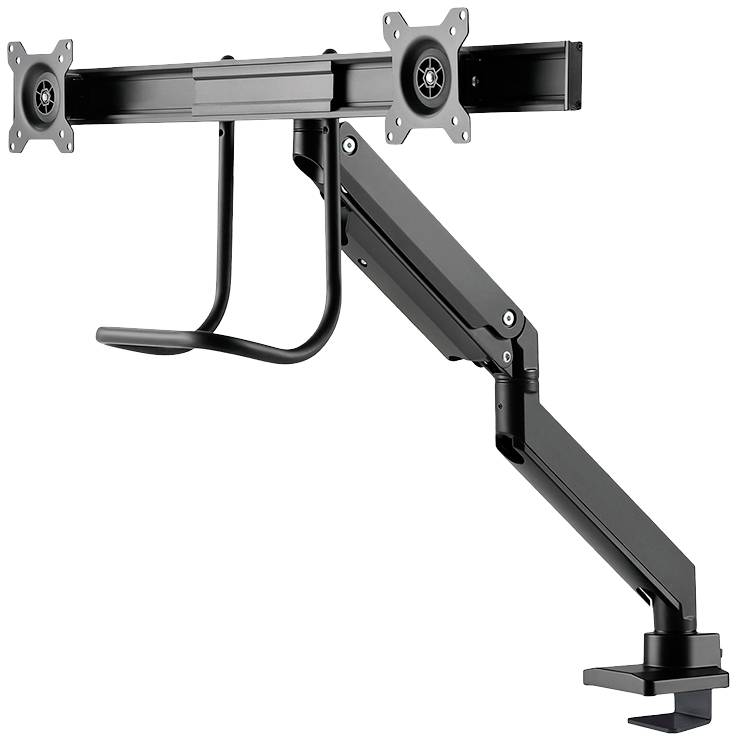 Zweifacher Monitorarm aus schwarzem Metall mit flexibler Halterung zur Befestigung an einem Tisch für zwei Bildschirme.