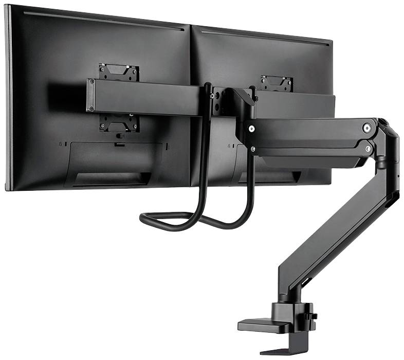 Doppelte Monitorhalterung mit beweglichem Arm und Klemmbefestigung, geeignet für zwei Bildschirme zur optimalen Positionierung.