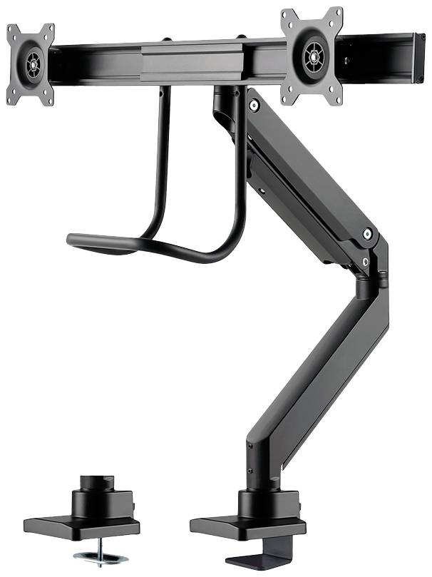 Zweiarmiger Monitorhalter, schwarz, mit Befestigungsklammern, geeignet für zwei Bildschirme; flexibel einstellbar für ergonomische Nutzung.
