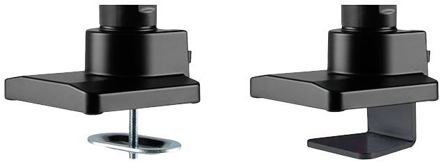 Zwei schwarze Klemmen für Tischmontage. Links: Schraubklemme für festen Halt. Rechts: U-Klemme für einfaches Aufsetzen.