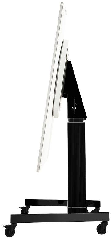 Seitenansicht eines mobilen Whiteboards auf Rollen. Das Whiteboard ist schräg geneigt auf einem schwarzen, höhenverstellbaren Ständer montiert.
