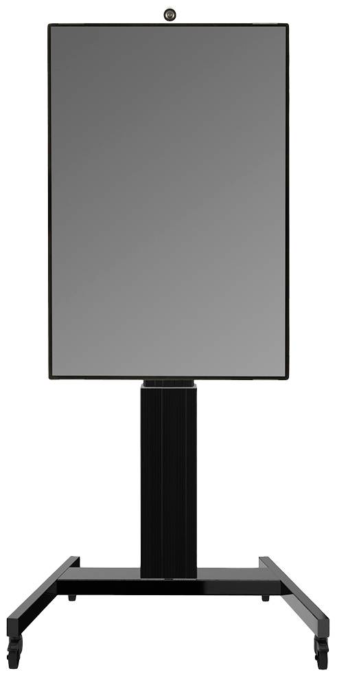 Ein schwarzes, rechteckiges Display auf einem stabilen, höhenverstellbaren Ständer mit Rollen, ideal für Präsentationen.