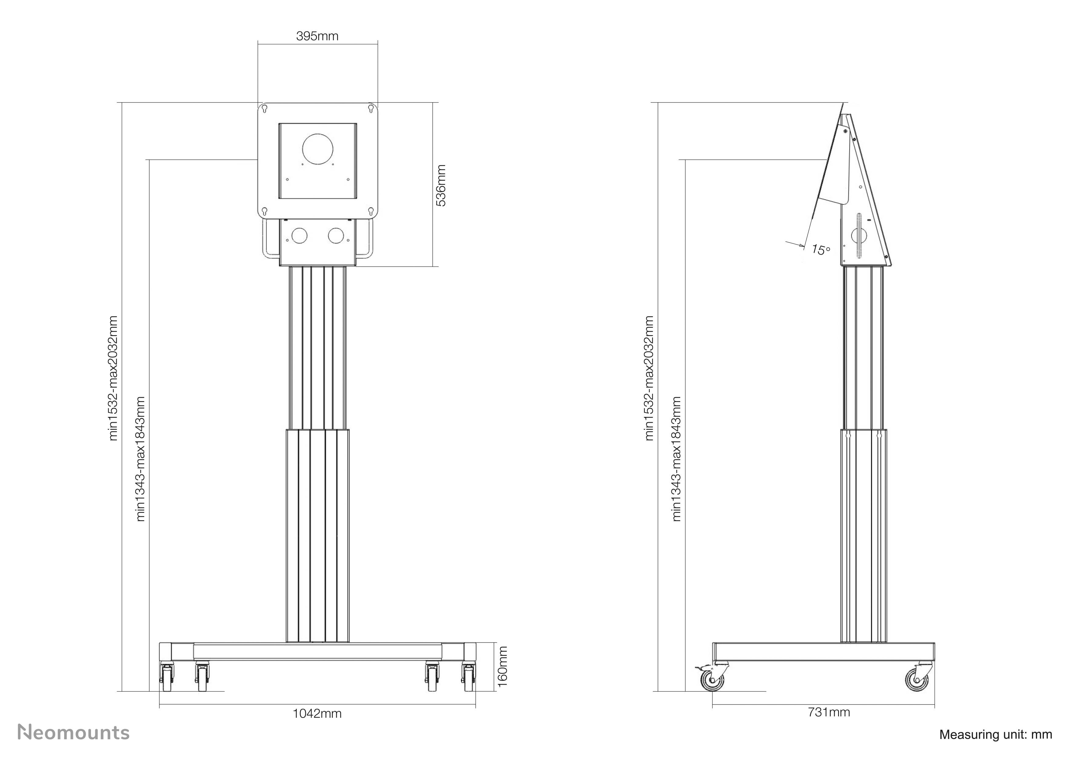 Technische Zeichnungen eines mobilen Stativs mit genauen Abmessungen, einschließlich Höhe, Breite und Neigungswinkel.
