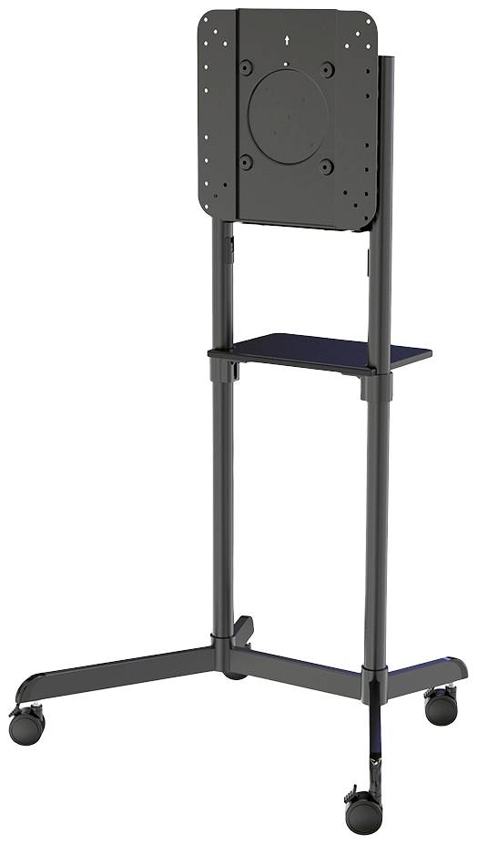 Ein schwarzer, höhenverstellbarer TV-Ständer mit Rollen, geeignet für Monitore, mit einer Ablage in der Mitte für Zubehör.
