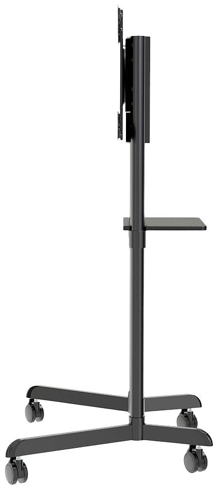 Ein schwarzer, höhenverstellbarer TV-Standfuß auf Rollen, seitlich abgebildet. Geeignet für Büros oder Präsentationen.