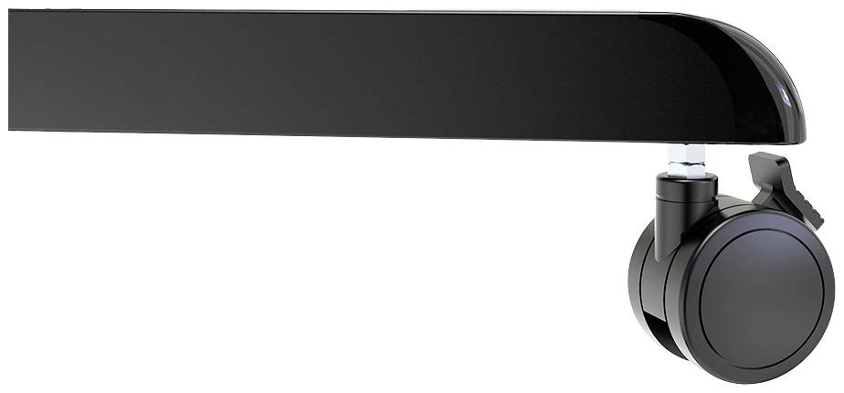 Ein schwarzes Möbelrad mit Schloss an einem Möbelfuß. Das Rad ist rund und drehbar. Es bietet Mobilität und Stabilität für Möbel.