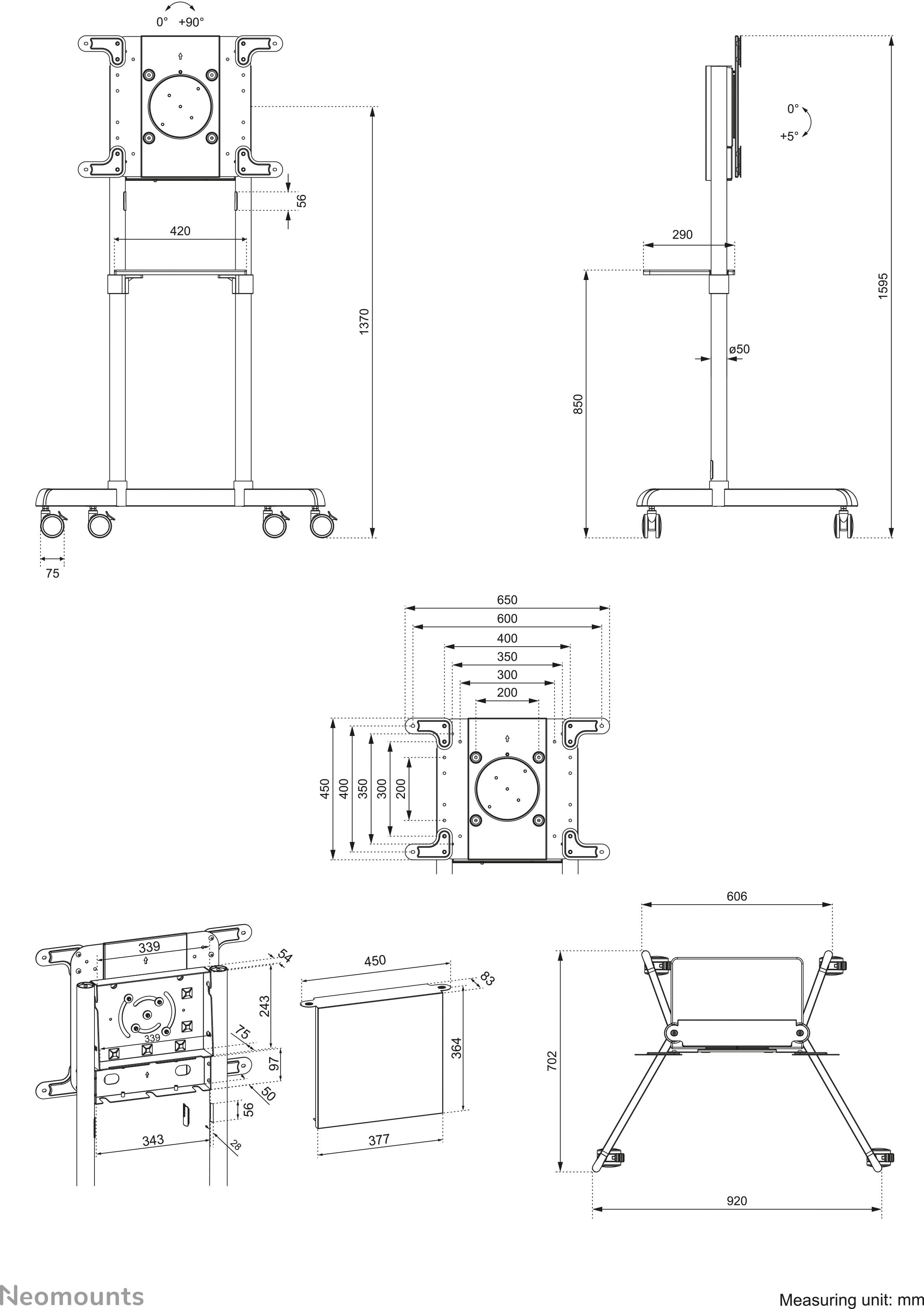 Technische Zeichnung eines höhenverstellbaren TV-Wagens mit Rollen und VESA-Halterung. Maße: Breite 680 mm, Höhe 1800 mm. Maßeinheit: mm.