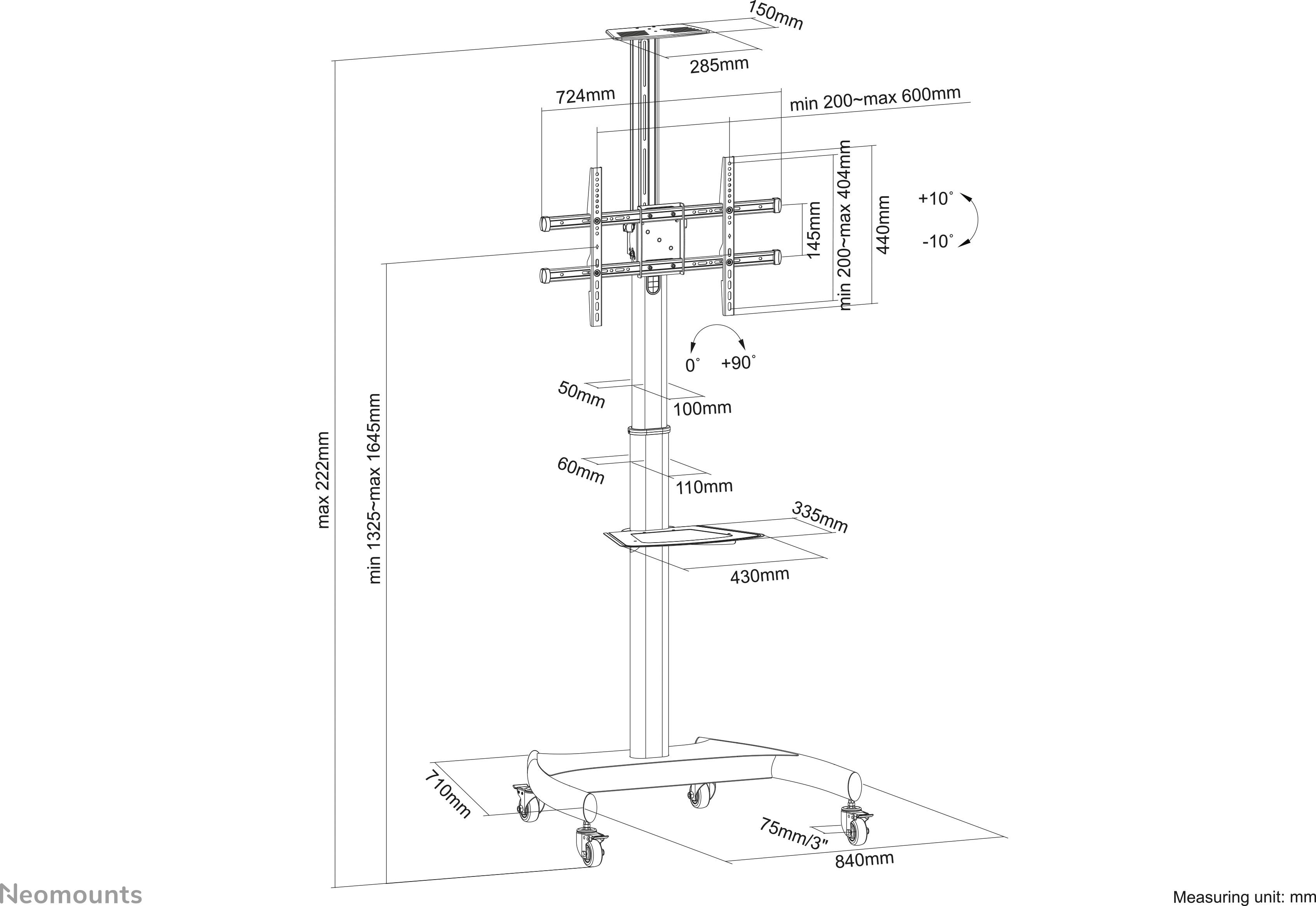 Illustration eines TV-Ständers mit Höhen- und Breitenmaßen in Millimetern. Verstellbarer Bildschirm, Rollen unten, Ablagefläche.