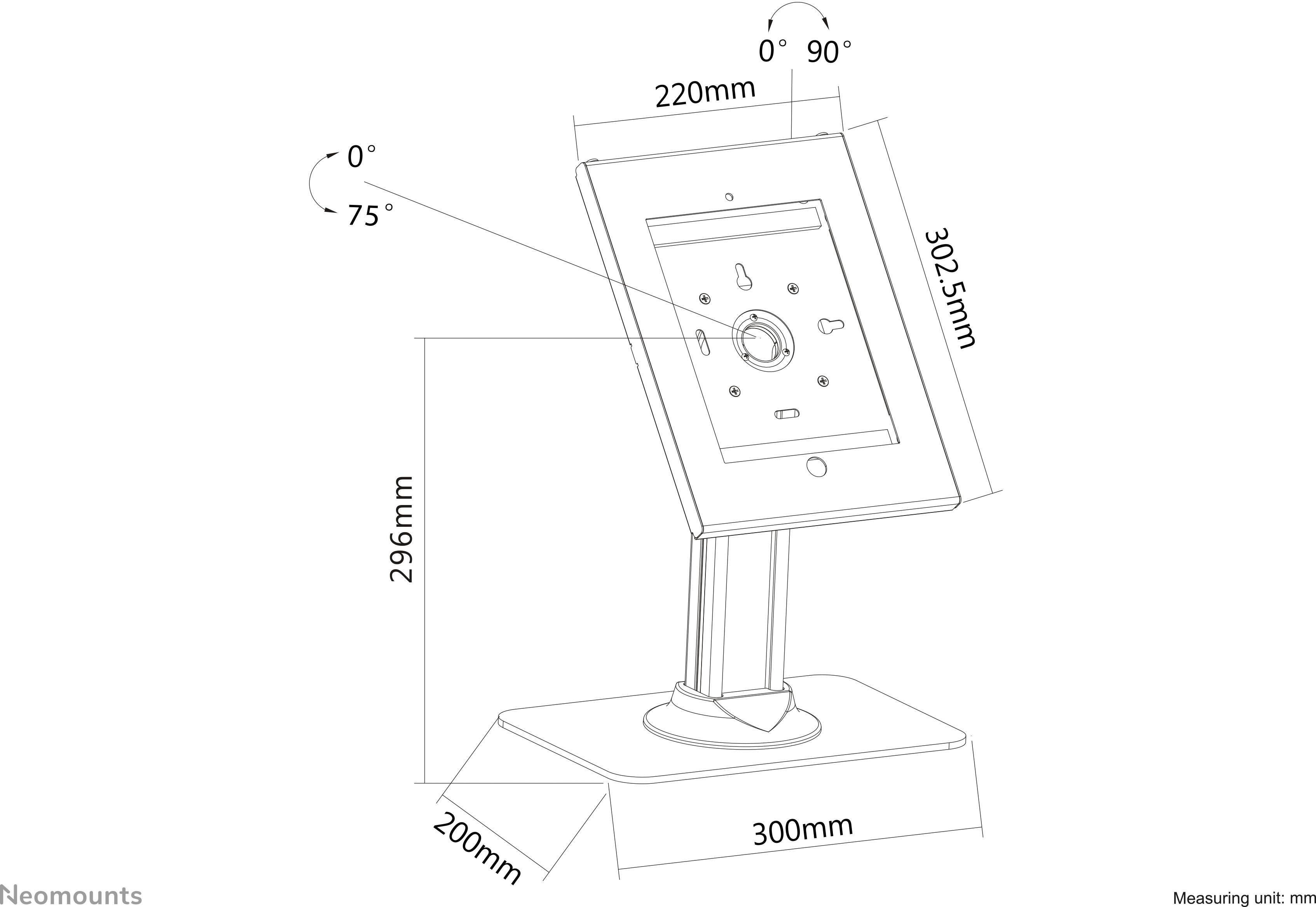 Technische Zeichnung eines drehbaren Tablet-Halters. Maße: Höhe 302,5 mm, Basis 300 x 200 mm, Neigung 0° bis 75°, Drehung 0° bis 90°.