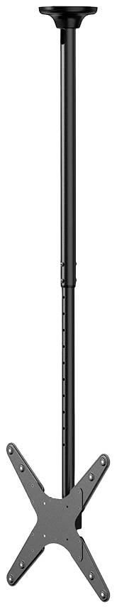 Ein schwarzer Deckenhalter für Monitore. längenverstellbar, mit einem Kreuz zur Befestigung des Bildschirms.