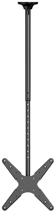 Ein verstellbarer, schwarzer Deckenhalter für Monitore oder Projektoren, mit einem langen Stab und kreuzförmiger Halterung.