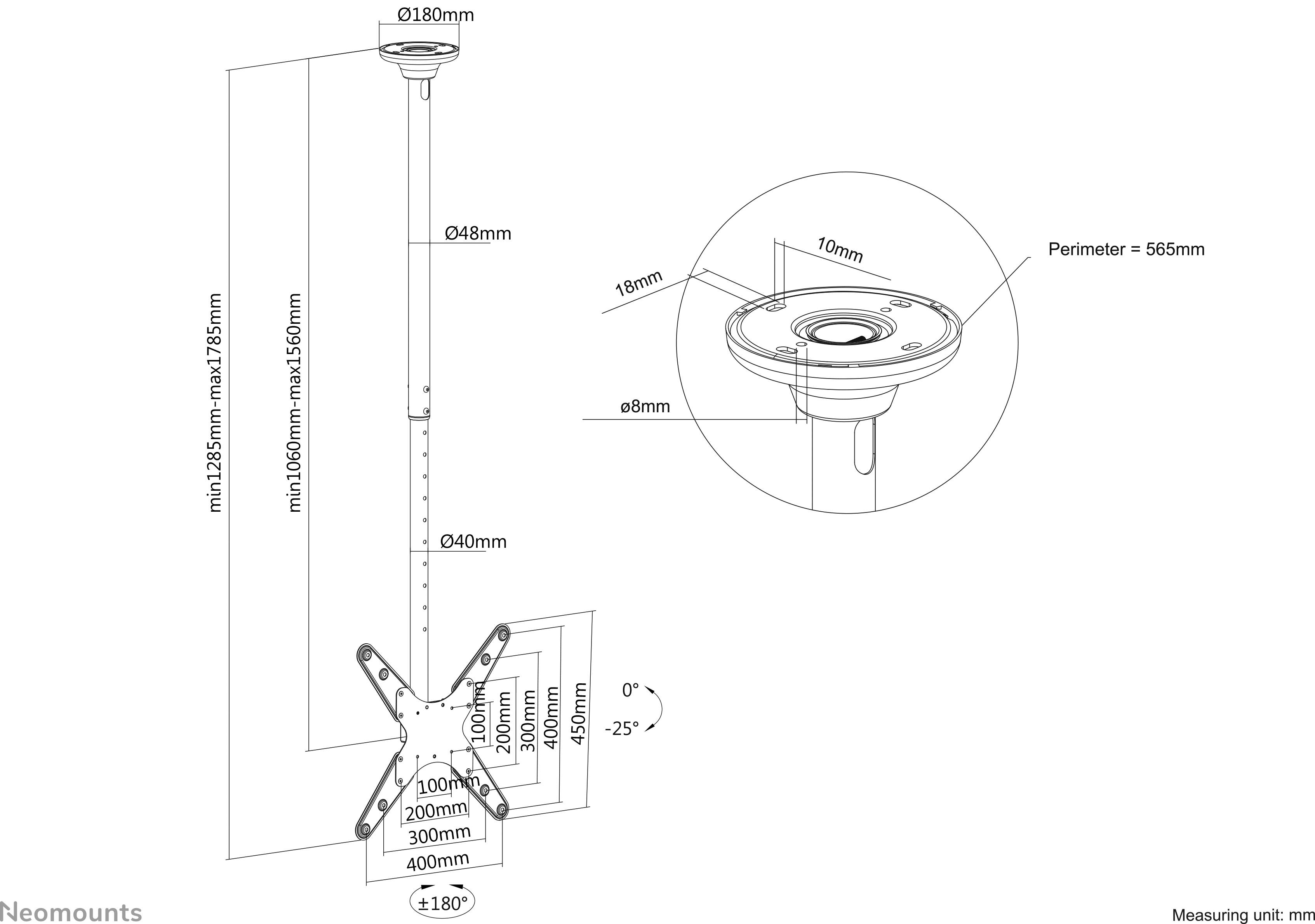 Deckenhalterung für Projektor mit verstellbarem Rohr (max. Länge 1385 mm, min. 1080 mm), schwenkbar bis ±180°, neigbar bis ±20°.