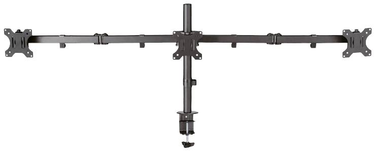 Monitorhalterung aus Metall mit mehreren Montagemöglichkeiten. Eignet sich zur flexiblen Anbringung von drei Monitoren an einem Schreibtisch.