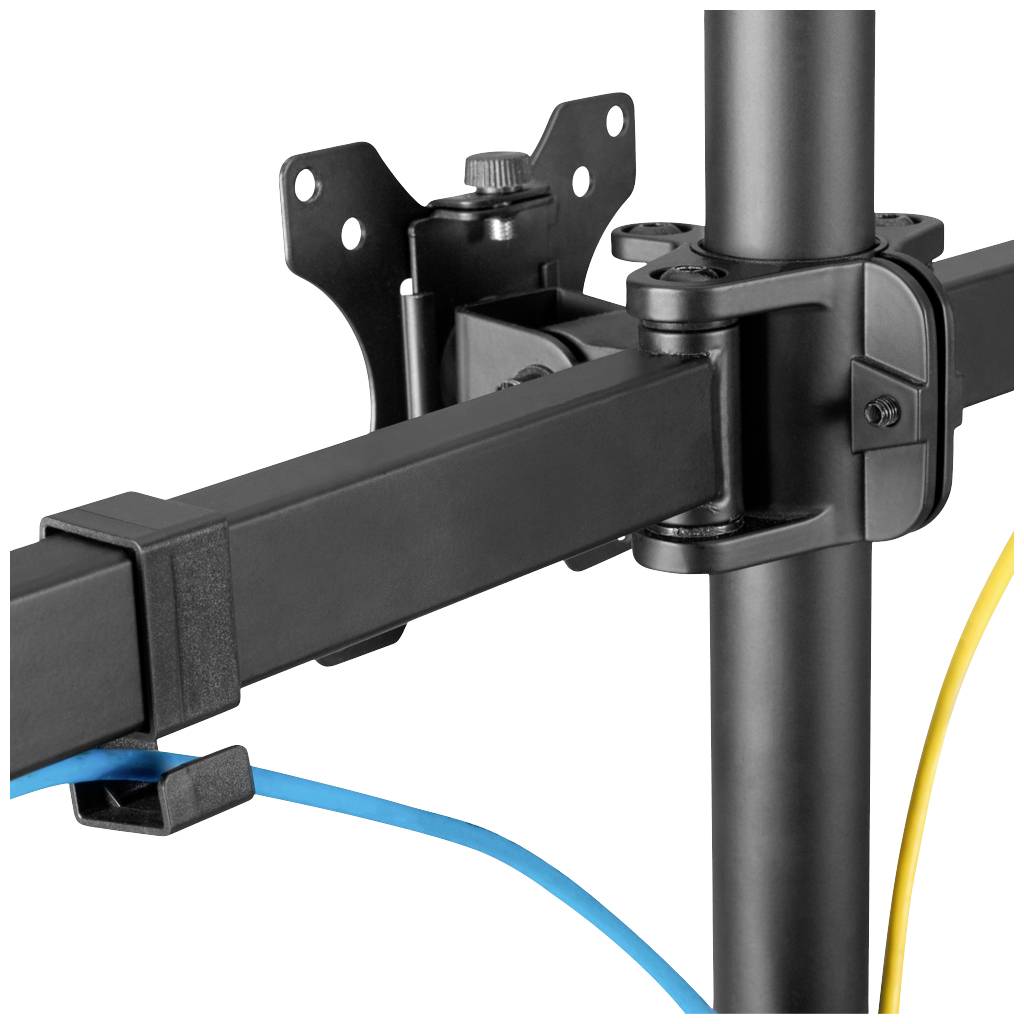 Metallische Halterung an einem vertikalen Rohr, mit Befestigungsmechanismus für Kabelmanagement in Blau und Gelb.