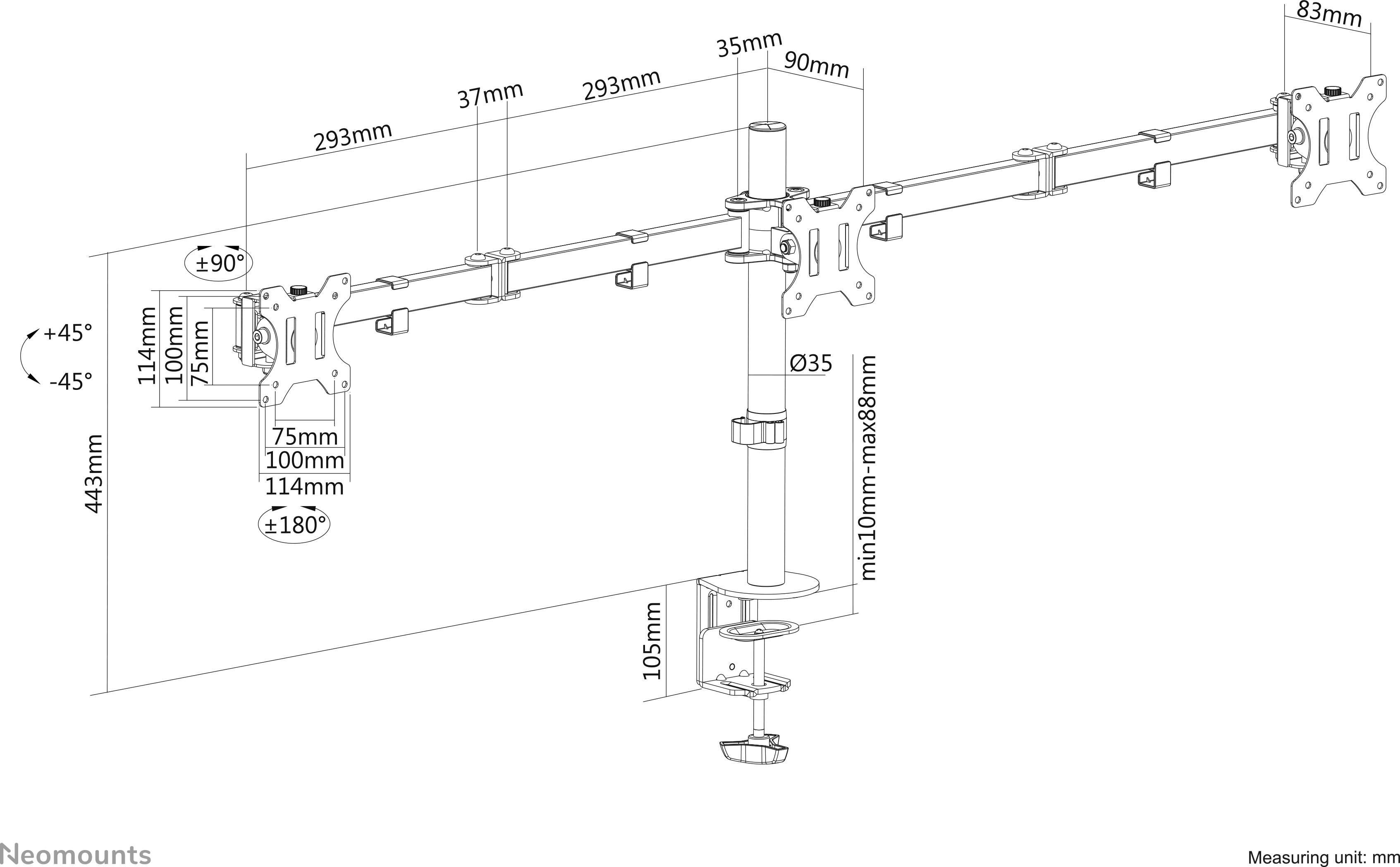 Technische Zeichnung eines verstellbaren Monitorarms. Maße, Schwenk- und Neigungswinkel sind angegeben. Maximale Höhe 443mm, Breite 612mm.