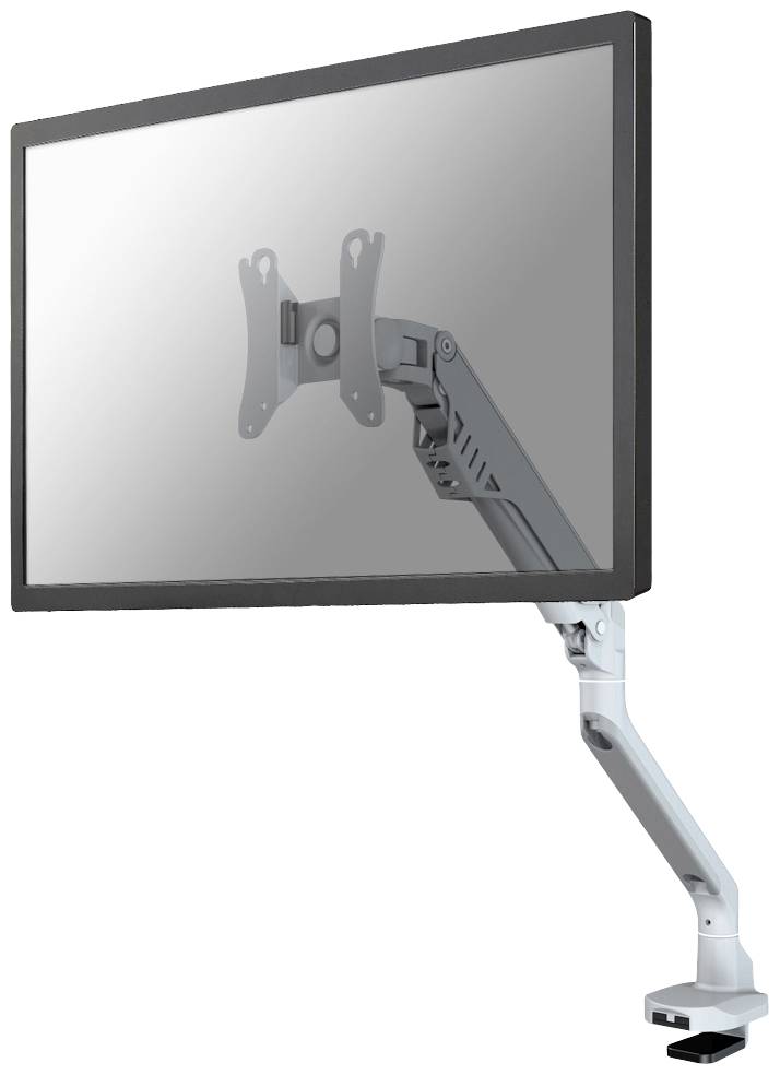 Ein verstellbarer Monitorarm mit einem Bildschirm, der an einem Tisch montiert ist. Der Arm ist grau und bietet Flexibilität für die Bildschirmpositionierung.