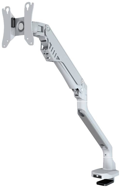 Monitorhalterung mit verstellbarem Arm aus Metall, geeignet zum Befestigen von Monitoren auf Schreibtischen, in seitlicher Ansicht.