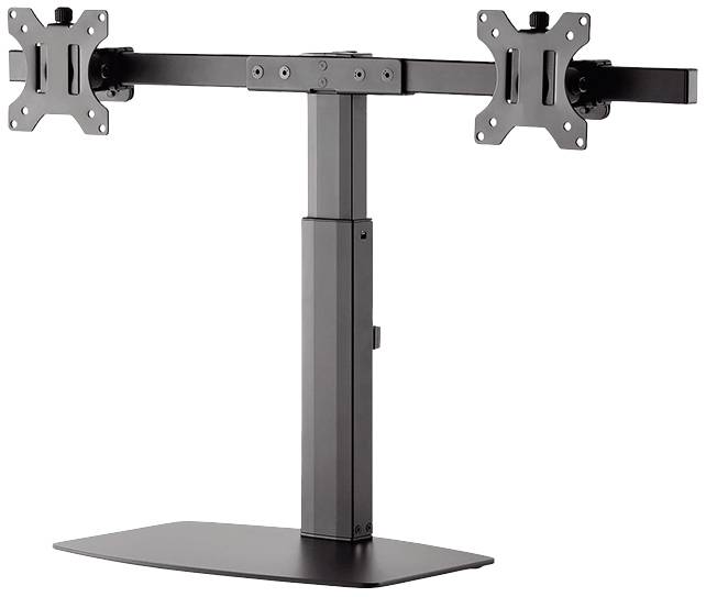 Ein Dual-Monitor-Ständer aus Metall mit verstellbaren Armen, geeignet zur gleichzeitigen Befestigung von zwei Monitoren für optimale Ansicht.