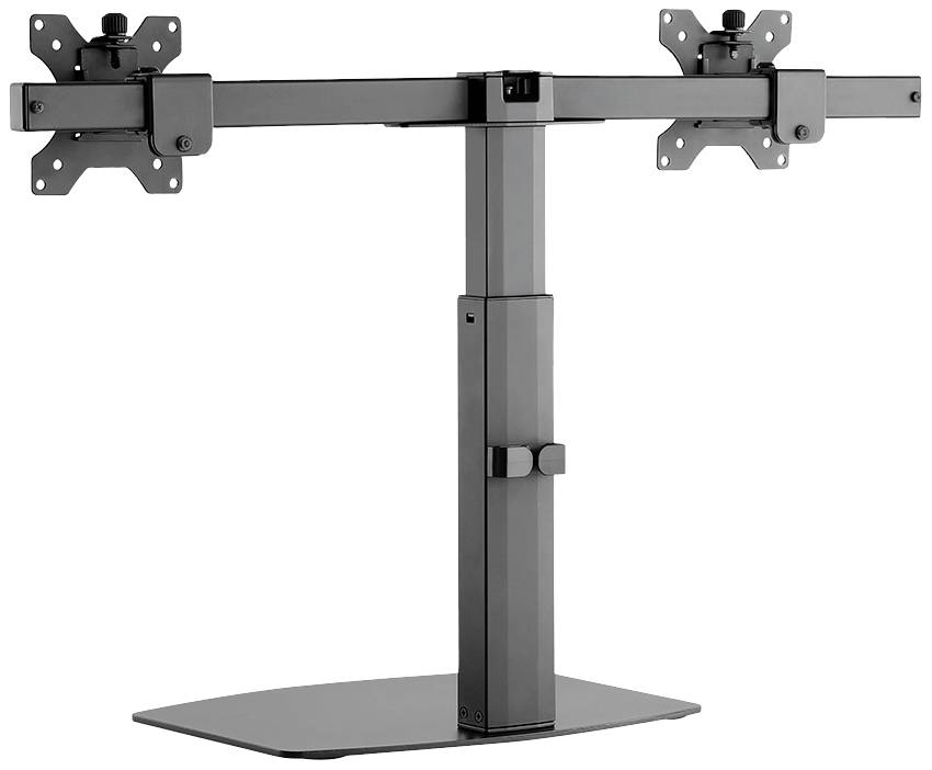 Schwarzer dualer Monitorständer mit verstellbaren Armen und stabiler Basis für zwei Monitore