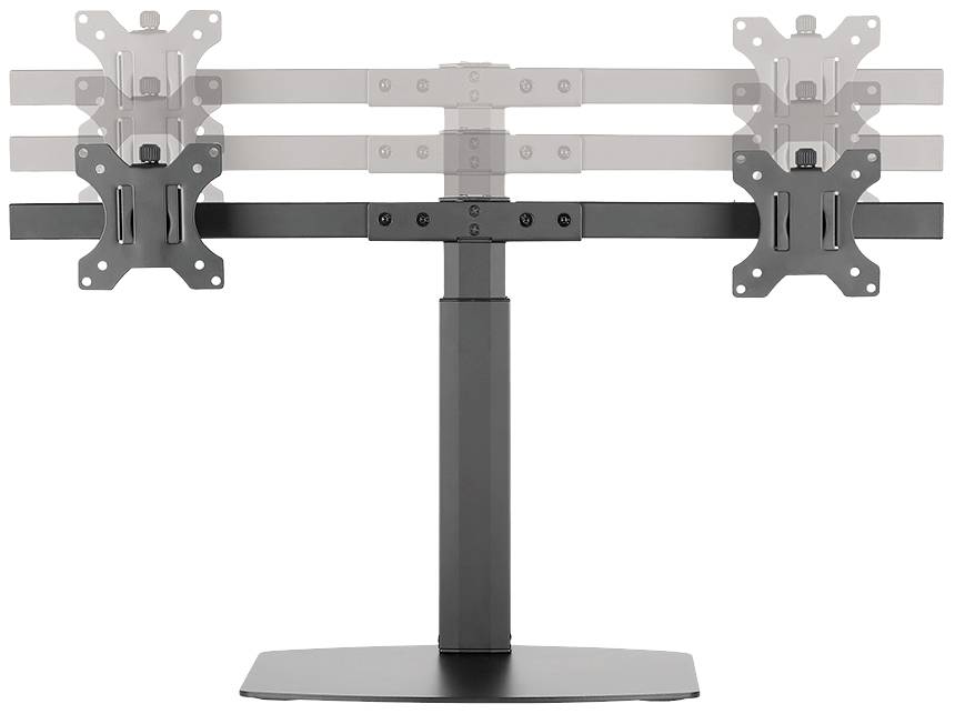 Dual-Monitorhalterung, höhenverstellbar, schwarz, mit Basis für festen Stand. Geeignet zur Befestigung von zwei Monitoren nebeneinander.