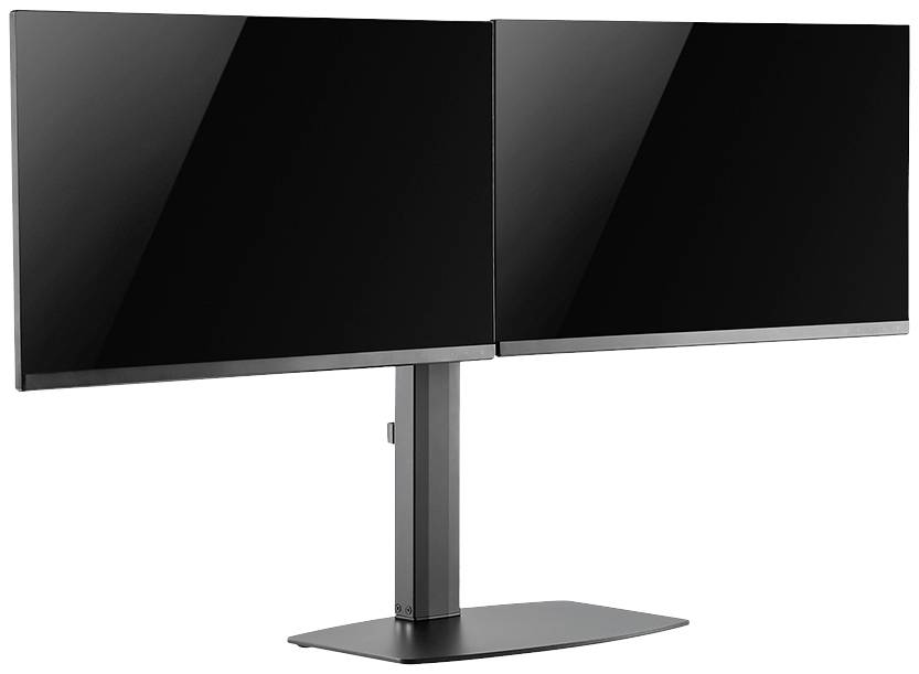 Zwei nebeneinander montierte Computermonitore mit schwarzen Bildschirmen auf einem gemeinsamen Standfuß.