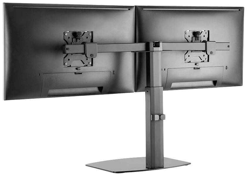 Zwei nebeneinander montierte Computerbildschirme auf einem Doppelhalterungsständer, Rückansicht.