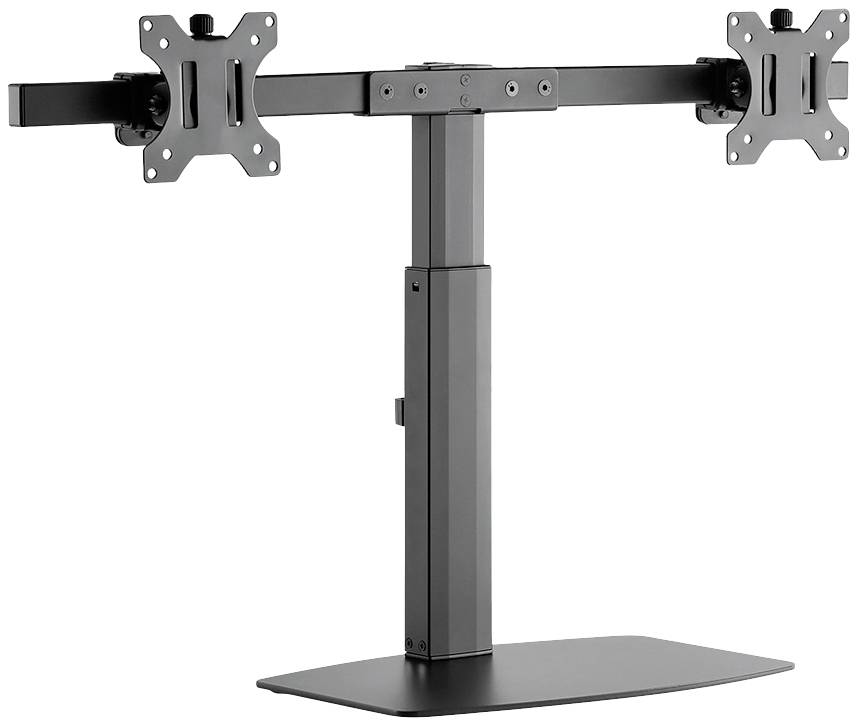 Ein doppelter Monitorständer aus schwarzem Metall mit zwei VESA-Halterungen, geeignet für die Befestigung von zwei Bildschirmen.