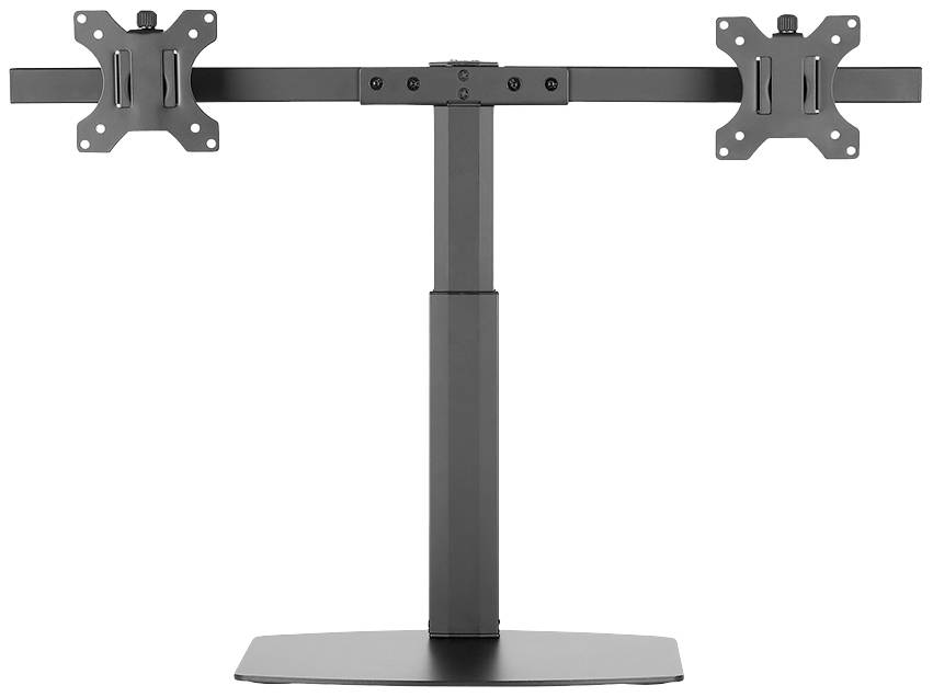 Halterung für zwei Monitore, V-förmig, schwarz. Geeignet für Schreibtische oder Arbeitsstationen zur Unterstützung von Bildschirmen.