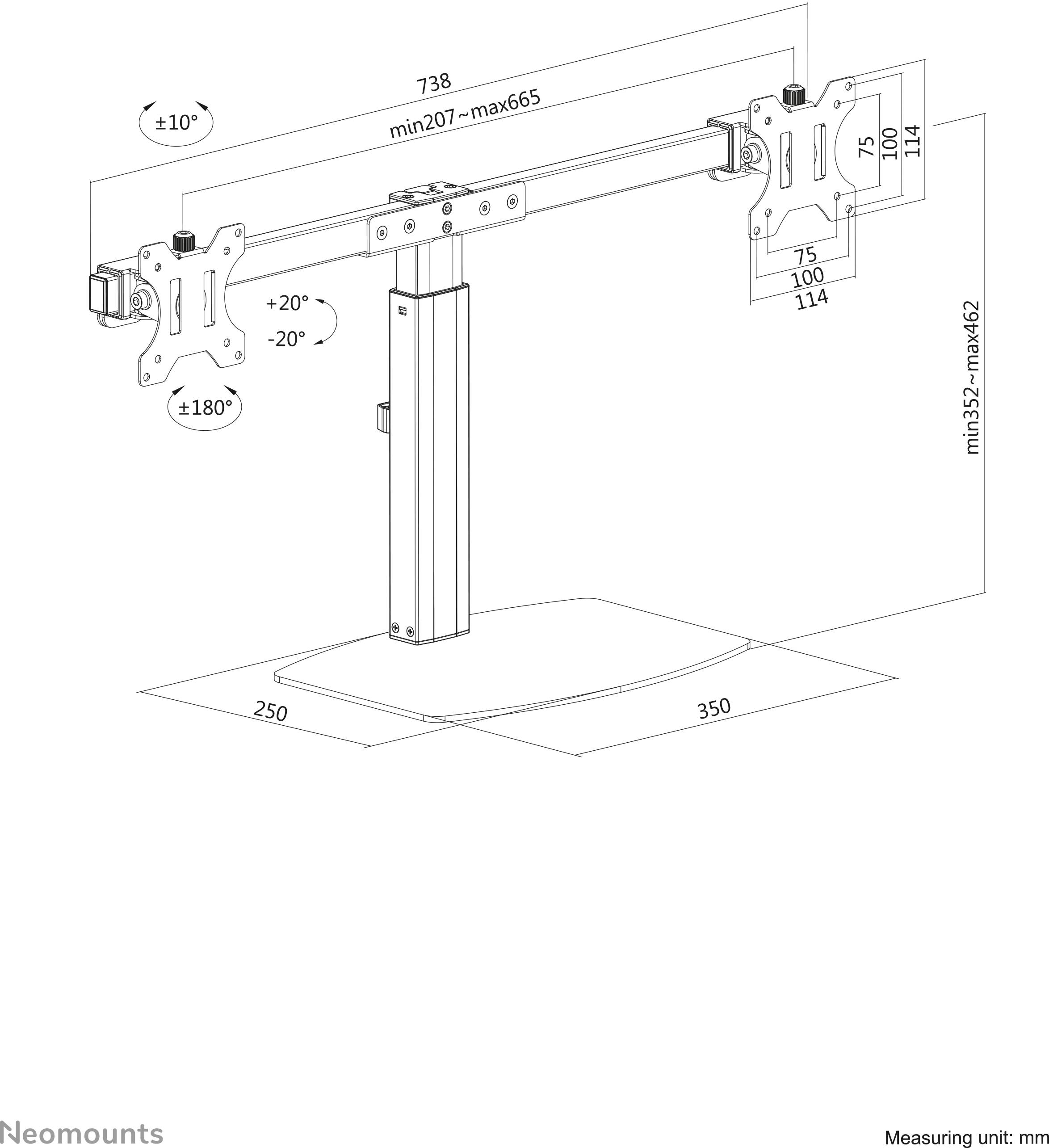 Dualer Monitorarm mit Kipp-, Schwenk- und Drehfunktion. Höhenverstellbar von 352 bis 462 mm. Geeignet für VESA 75x75 bis 100x100 mm.