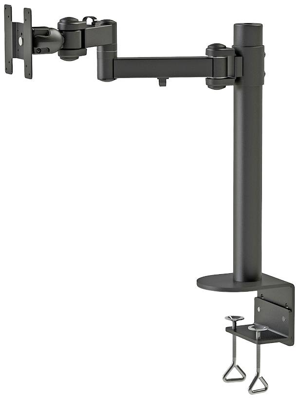 Ein schwarzer Monitorarm mit Schraubklemme zur Befestigung an einem Tisch. Er ist einstellbar und unterstützt ergonomische Bildschirmpositionierung.