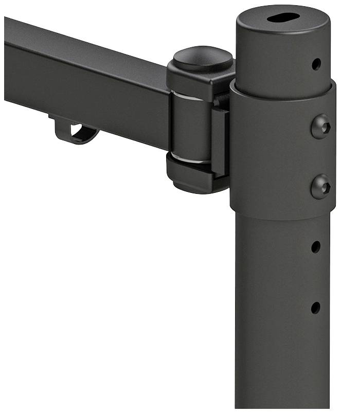 Schwarzer Metallgelenkarm, zeigt Befestigungspunkt zwischen horizontalem Arm und vertikalem Rohr, geeignet für Baugerüste oder Möbel.